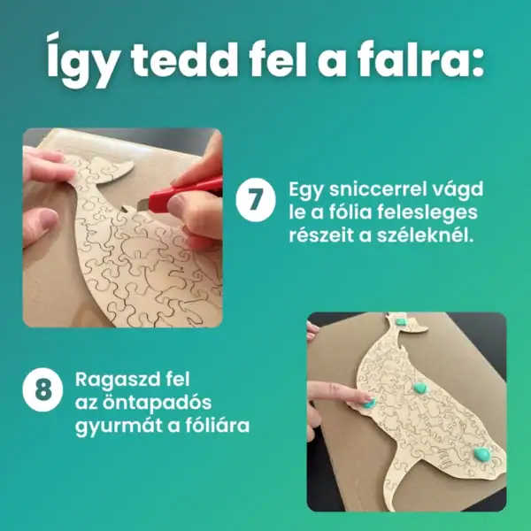 A fólió széleinek körbevágása sniccerrel, majd öntapadós gyurma felhelyezése a hátoldalra.