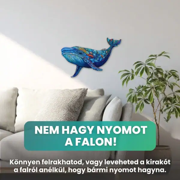 Színes bálna kirakó a falra ragasztva, mely nem hagy nyomot maga után.